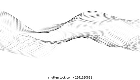 Flowing dots particles wave pattern halftone gradient curve shape isolated on transparent background. Vector in concept of technology, science, music, modern flowing geometric backdrop.