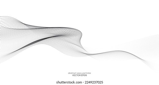 Flowing dots particles wave pattern halftone gradient curve shape isolated on white background. Vector in concept of technology, science, music, modern.