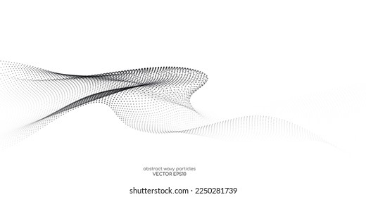 Flowing dots particles wave pattern halftone gradient curve shape isolated on white background. Vector in concept of technology, science, music, modern.