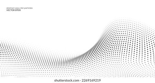 Flowing dots particles wave pattern halftone black gradient curve shape isolated on white background. Vector in concept of technology, science, music, modern.