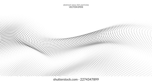Flowing dots particles wave pattern halftone black gradient curve shape isolated on white background. Vector in concept of technology, science, music, modern.