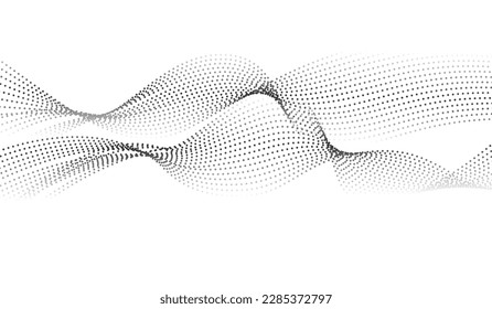 Flowing dots particles wave pattern halftone gradient curve shape isolated on white background.