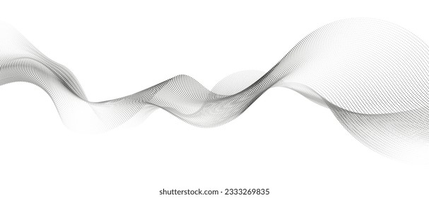 Flowing dots particles wave pattern monochrome halftone black gradient. Abstract smoky curve shape isolated on white background. Vector in concept of AI, technology, modern science, music, sound.
