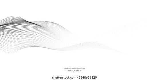 Flowing dots particles wave pattern halftone gradient curve shape isolated on white background. Vector in concept of technology, science, music, modern.