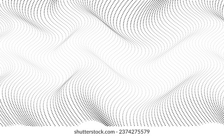 Flowing dots particles wave pattern halftone gradient curve shape isolated on white background. Vector in concept of technology, science, music, modern.