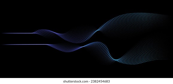 Flowing dots particles wave pattern 3D curve halftone blue and green gradient curve shape isolated on black background. Vector in concept of technology, science, music, modern.