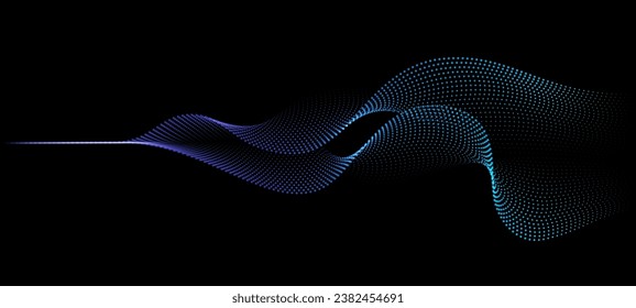 Flowing dots particles wave pattern 3D curve halftone blue and green gradient curve shape isolated on black background. Vector in concept of technology, science, music, modern.