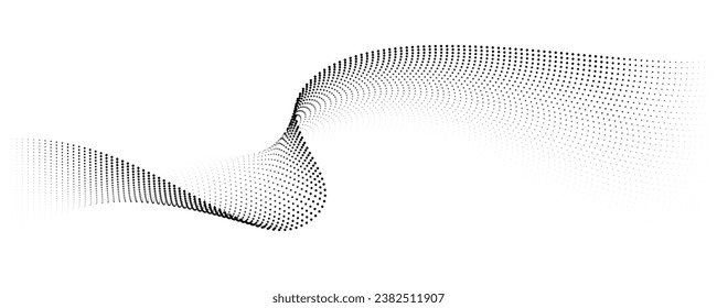 Las partículas de los puntos flotantes ondean el patrón de forma de curva de gradiente de medio tono aislado en el fondo blanco. Vector en concepto de tecnología, ciencia, música, moderno.