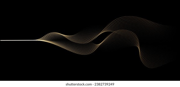 Flowing dots particles wave pattern 3D curve halftone gold gradient curve shape isolated on black background. Vector in concept of luxury, technology, science, music, modern.