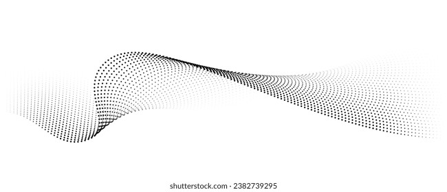 Flowing dots particles wave pattern halftone gradient curve shape isolated on white background. Vector in concept of technology, science, music, modern.