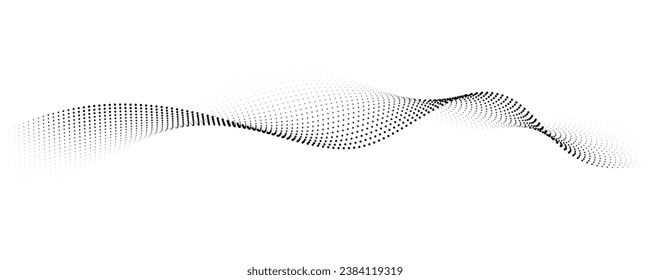 Flowing dots particles wave pattern halftone gradient curve shape isolated on white background. Vector in concept of technology, science, music, modern.