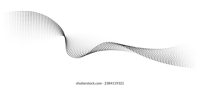 Flowing dots particles wave pattern halftone gradient curve shape isolated on white background. Vector in concept of technology, science, music, modern.