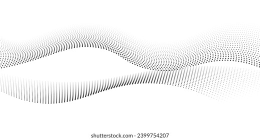 Flowing dots particles wave pattern halftone gradient curve shape isolated on white background. Vector in concept of technology, science, music, modern. dots vector