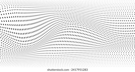 Flowing dots particles wave pattern 3D curve halftone black gradient curve shape isolated on white background. Vector in concept of technology, science, music, modern dots grid waving fluid