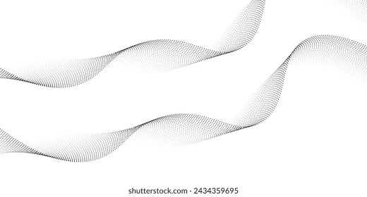 Flowing dots particles wave pattern halftone gradient curve shape isolated on white background. 