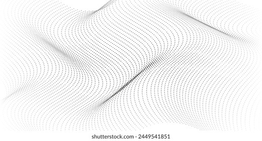 Flowing dots particles wave pattern 3D curve halftone black gradient curve shape isolated on white background. 