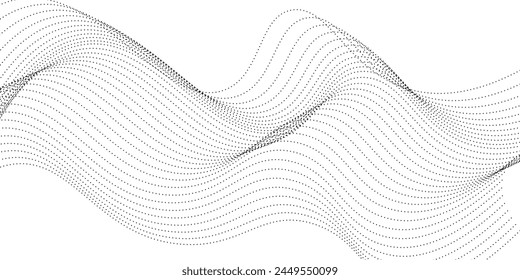 Forma de curva de degradado de semitono de patrón de onda de partículas de puntos que fluyen aisladas sobre fondo blanco.