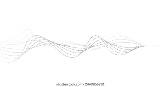 Flowing dots particles wave pattern 3D curve halftone black gradient curve shape isolated on white background. 