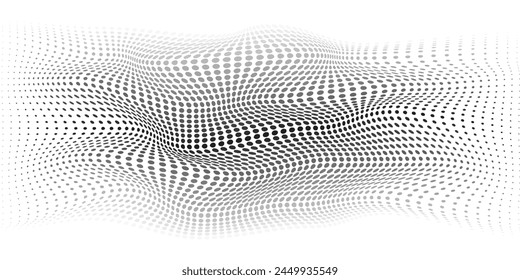 Flowing dots particles wave pattern 3D curve halftone black gradient curve shape isolated on white background. Vector in concept of technology, science, music, modern