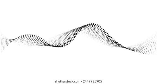 Flowing dots particles wave pattern 3D curve halftone black gradient curve shape isolated on white background. Vector in concept of technology, science, music, modern