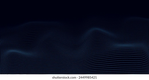 Flowing dots particles wave pattern gold light isolated on black background. Vector in concept of technology, science, music, modern.