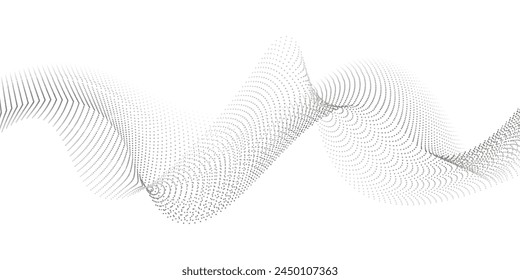 Flowing dots particles wave pattern halftone gradient curve shape isolated on white background. 