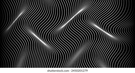 Flowing dots particles wave pattern 3D curve halftone black gradient curve shape isolated on white background.