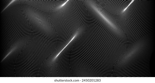 Flowing dots particles wave pattern 3D curve halftone black gradient curve shape isolated on white background.