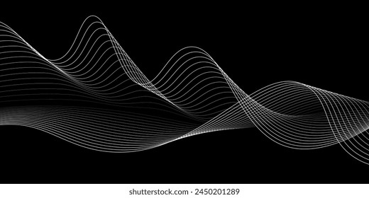 Flowing dots particles wave pattern 3D curve halftone black gradient curve shape isolated on white background.