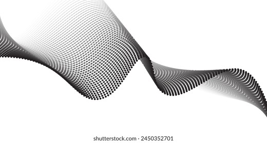 Flowing dots particles wave pattern 3D curve halftone black gradient curve shape isolated on white background. Vector in concept of technology, science, music, modern vector  abstract background 3d