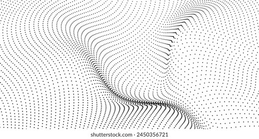 Flowing dots particles wave pattern 3D curve halftone black gradient curve shape isolated on white background. Vector in concept of technology, science modern arts line dots