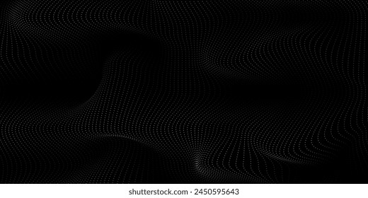Flowing dots particles wave pattern 3D curve halftone black curve shape isolated on transparent background.