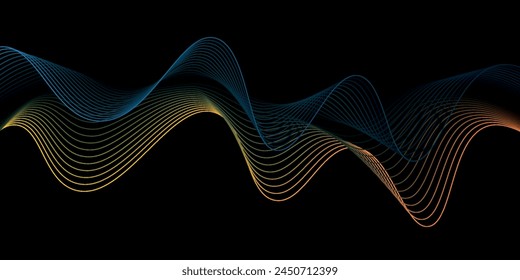 Flowing dots particles wave pattern 3D curve halftone black gradient curve shape isolated on white background. Vector in concept of technology, science, music, modern