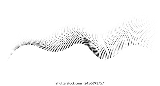 Flowing dots particles wave pattern 3D curve halftone black gradient curve shape isolated on white background. Vector in concept of technology, science, music, modern vector wave