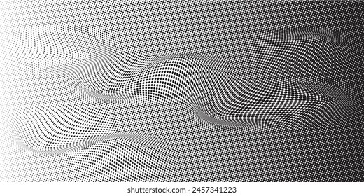 Flowing dots particles wave pattern 3D curve halftone black gradient curve shape isolated on white background.