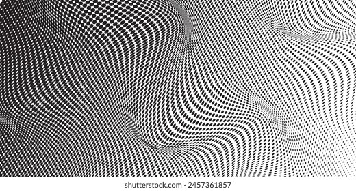 Flowing dots particles wave pattern 3D curve halftone black gradient curve shape isolated on white background.