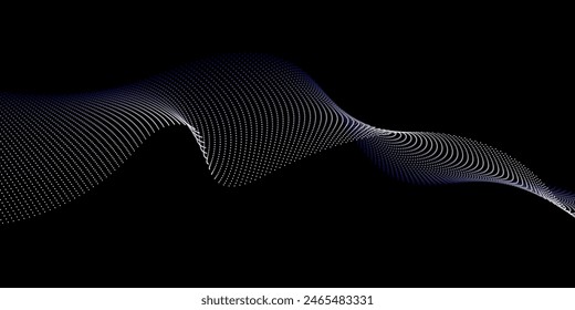 Flowing dots particles wave pattern in halftone colors. Abstract vector curve shape, wavy ribbon isolated on black background.
