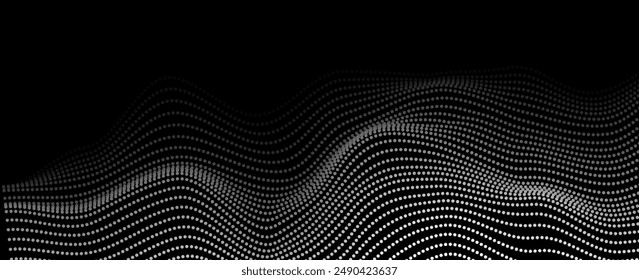 Flowing dots particles wave pattern 3D curve halftone black gradient curve shape isolated on white background. Vector in concept of technology, science, music, modern.