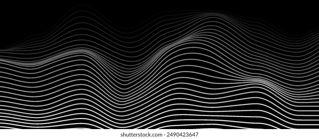 Flowing dots particles wave pattern 3D curve halftone black gradient curve shape isolated on white background. Vector in concept of technology, science, music, modern.