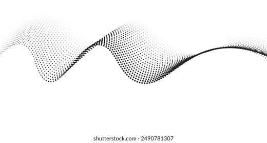 Flowing dots particles wave pattern halftone gradient curve shape isolated on white background. Vector in concept of technology, science, music, modern.