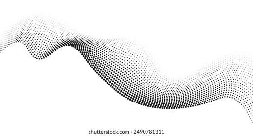 Flowing dots particles wave pattern halftone gradient curve shape isolated on white background. Vector in concept of technology, science, music, modern.