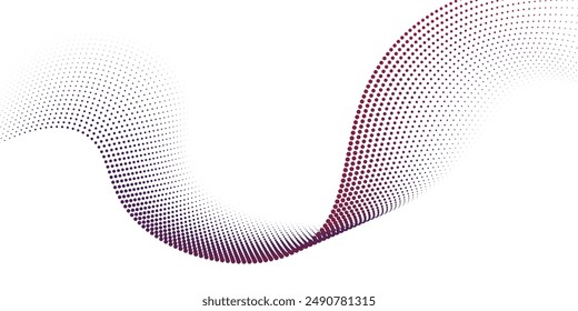 Forma de curva de degradado de semitono de patrón de onda de partículas de puntos que fluyen aisladas sobre fondo blanco. Vector en concepto de tecnología, ciencia, música, moderno.