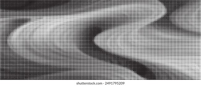 Flowing dots particles wave pattern halftone gradient curve shape isolated on white background.