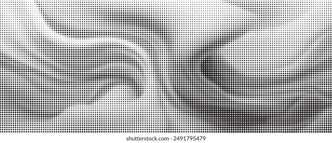 Flowing dots particles wave pattern halftone gradient curve shape isolated on white background.