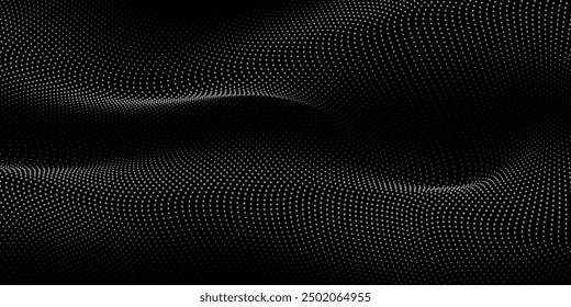 Flowing dots particles wave pattern 3D curve halftone gradient curve shape isolated on black background. Vector in concept of technology, science, music, modern.