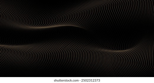 Flowing dots particles wave pattern 3D curve halftone gold gradient curve shape isolated on black background. Vector in concept of technology, science, music, modern.