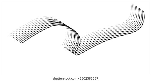 Flowing dots particles wave pattern halftone gradient curve shape isolated on white background. Vector in concept of technology, science, music, modern.