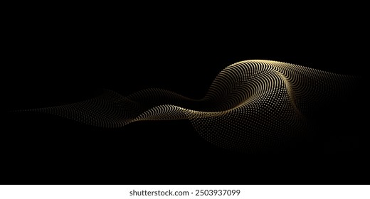 Flowing dots particles wave pattern 3D curve halftone gold gradient curve shape isolated on black background. Vector in concept of technology, science, music, modern.