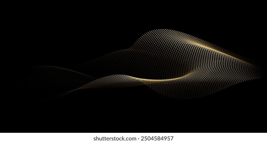 Patrón de onda de partículas de puntos que fluyen Forma de curva de gradiente dorado de semitono 3D aislada sobre fondo negro. Vector en concepto de tecnología, ciencia, música, moderno.