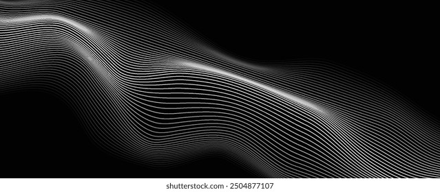 Patrón de onda de partículas de puntos que fluyen Forma de curva de degradado negro de semitono 3D aislada sobre fondo blanco. Vector en concepto de tecnología, ciencia, música, moderno.